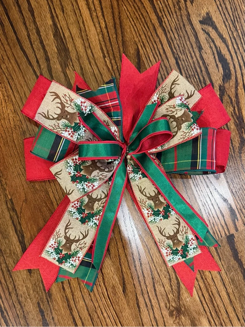 Festive Red & Green Reindeer Bow Accent for Holiday Wreaths